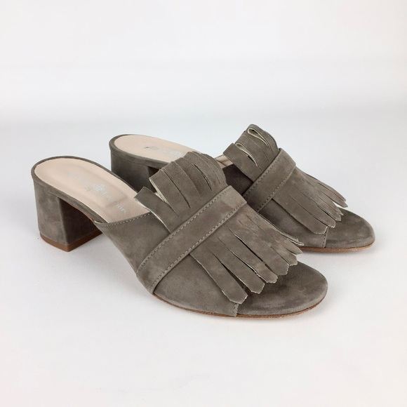 Michele Lopriore Womens Slide Sandals Taupe Suede Fringe Italian size 38 US 8 - Picture 1 of 16
